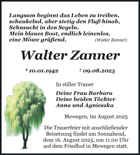 Traueranzeige von Walter Zanner von Nordkurier Pasewalker Zeitung