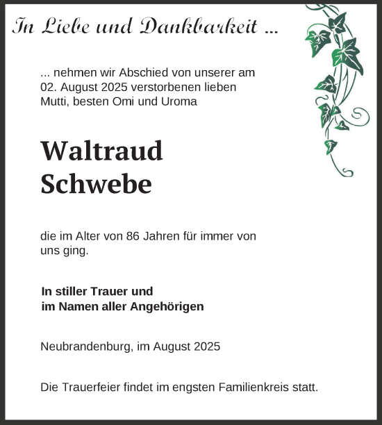 Traueranzeige von Waltraud Schwebe von Nordkurier Neubrandenburger Zeitung