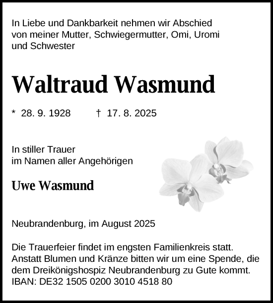 Traueranzeige von Waltraud Wasmund von Nordkurier Neubrandenburger Zeitung