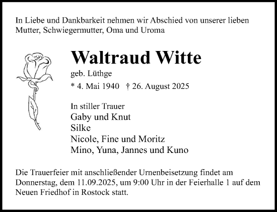 Traueranzeige von Waltraud Witte von Norddeutsche Neueste Nachrichten