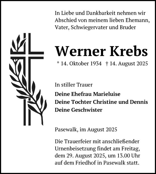 Traueranzeige von Werner Krebs von Nordkurier Pasewalker Zeitung