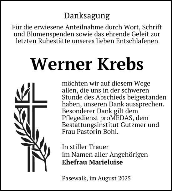 Traueranzeige von Werner Krebs von Nordkurier Pasewalker Zeitung