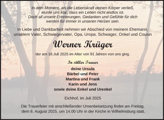Traueranzeige von Werner Krüger von Nordkurier Haff-Zeitung