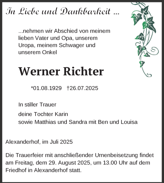 Traueranzeige von Werner Richter von Uckermark Kurier Prenzlauer Zeitung