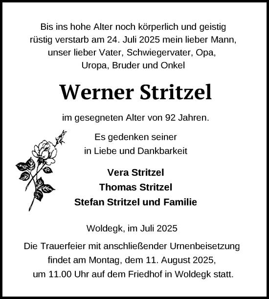 Traueranzeige von Werner Stritzel von Nordkurier Strelitzer Zeitung