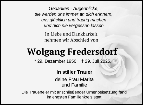 Traueranzeige von Wolfgang Fredersdorf von Zeitung für die Landeshauptstadt