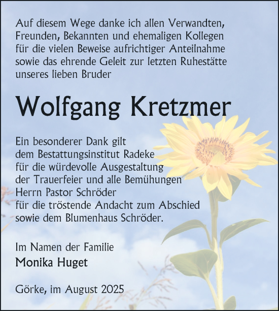 Traueranzeige von Wolfgang Kretzmer von Nordkurier Vorpommern Kurier