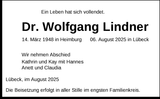 Traueranzeige von Wolfgang Lindner von Zeitung für die Landeshauptstadt