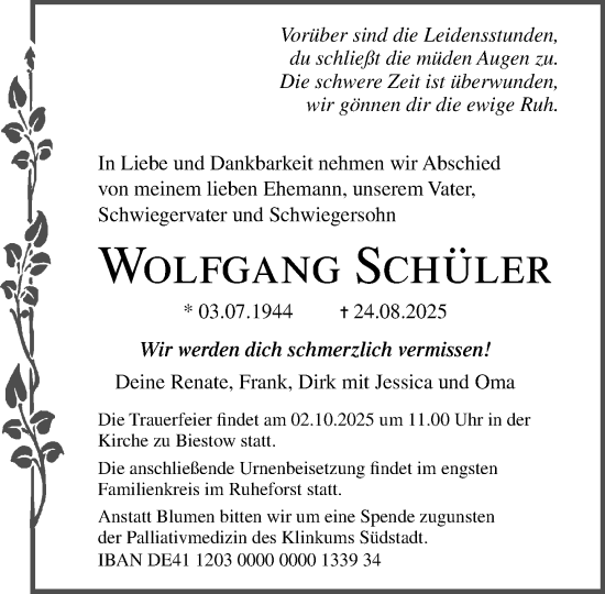 Traueranzeige von Wolfgang Schüler von Norddeutsche Neueste Nachrichten