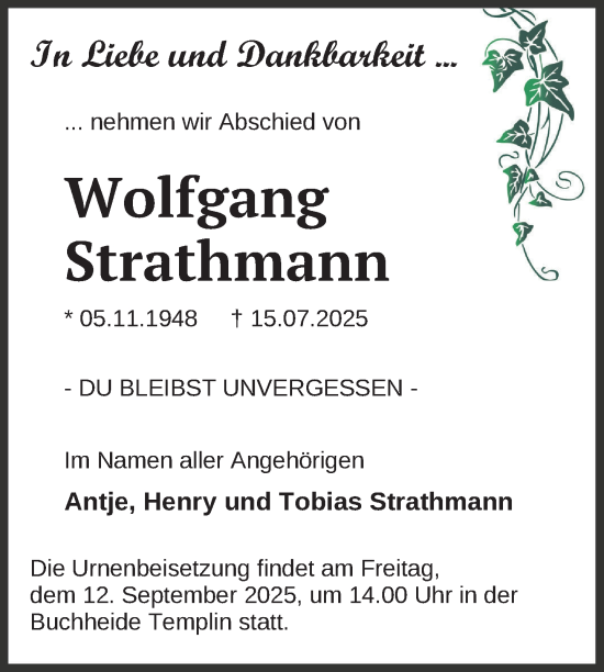 Traueranzeige von Wolfgang Strathmann von Uckermark Kurier Templiner Zeitung