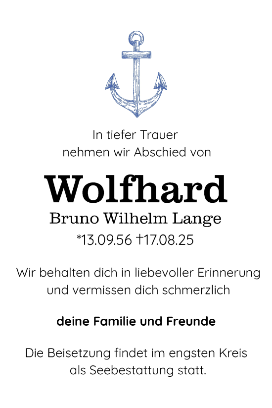 Traueranzeige von Wolfhard Bruno Wilhelm Lange von Nordkurier Neubrandenburger Zeitung