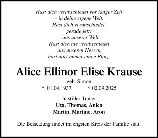 Traueranzeige von Alice Ellinor Elise Krause von Norddeutsche Neueste Nachrichten