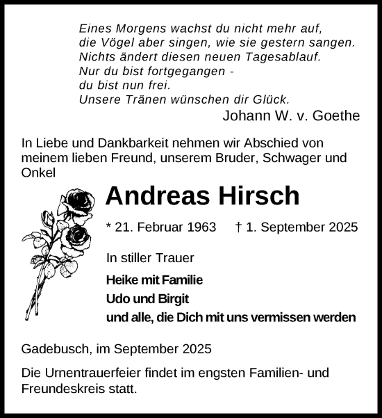 Traueranzeige von Andreas Hirsch von Gadebusch - Rehnaer Zeitung