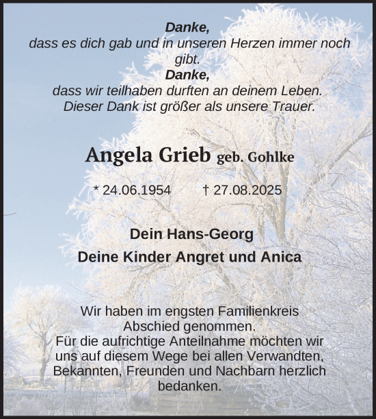 Traueranzeige von Angela Grieb von Nordkurier Müritz-Zeitung