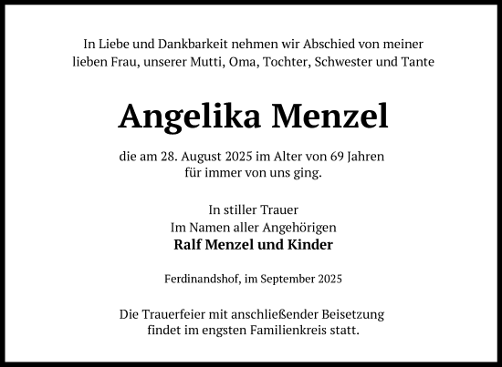 Traueranzeige von Angelika Menzel von Nordkurier Haff-Zeitung