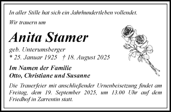 Traueranzeige von Anita Stamer von Hagenower Kreisblatt