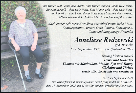Traueranzeige von Anneliese Rydzewski von Hagenower Kreisblatt