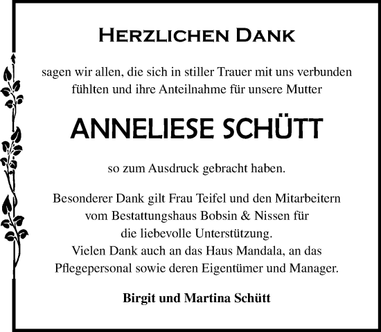 Traueranzeige von Anneliese Schütt von Norddeutsche Neueste Nachrichten