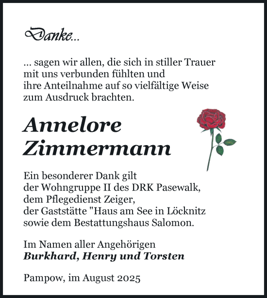 Traueranzeige von Annelore Zimmermann von Nordkurier Pasewalker Zeitung