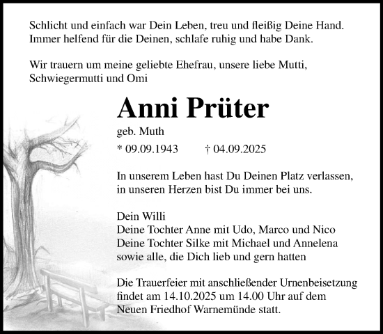 Traueranzeige von Anni Prüter von Norddeutsche Neueste Nachrichten