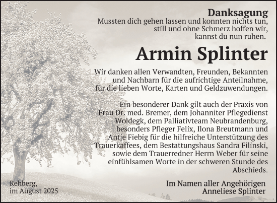 Traueranzeige von Armin Splinter von Nordkurier Strelitzer Zeitung