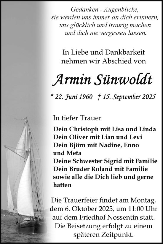 Traueranzeige von Armin Sünwoldt von Nordkurier Müritz-Zeitung