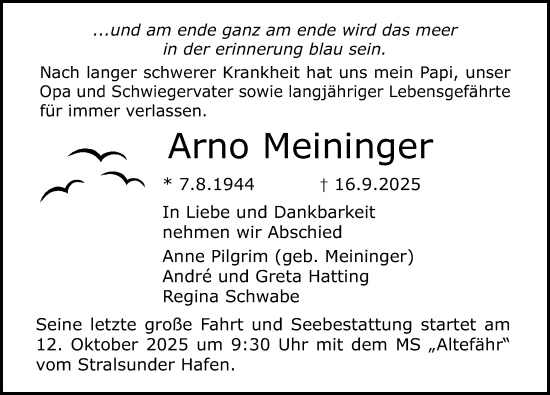 Traueranzeige von Arno Meininger von Norddeutsche Neueste Nachrichten