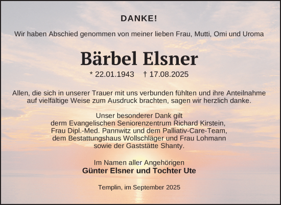 Traueranzeige von Bärbel Elsner von Uckermark Kurier Templiner Zeitung