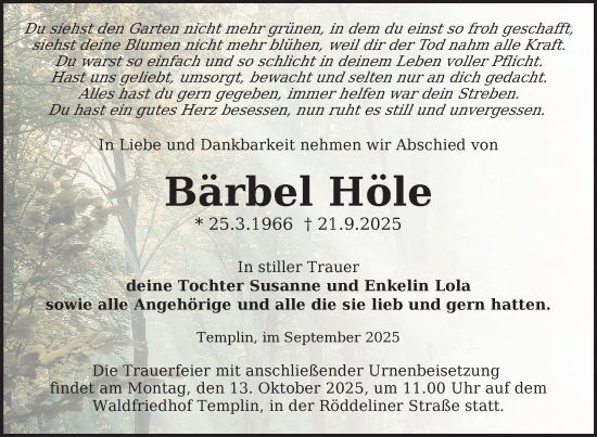 Traueranzeige von Bärbel Höle von Uckermark Kurier Templiner Zeitung