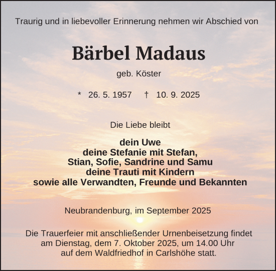 Traueranzeige von Bärbel Madaus von Nordkurier Neubrandenburger Zeitung