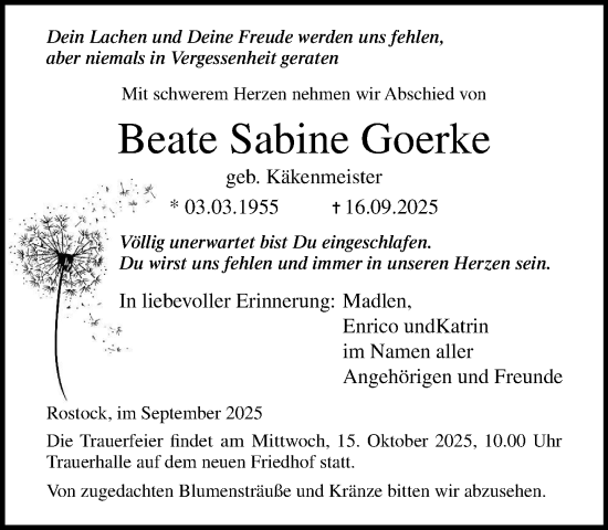 Traueranzeige von Beate Sabine Goerke von Norddeutsche Neueste Nachrichten