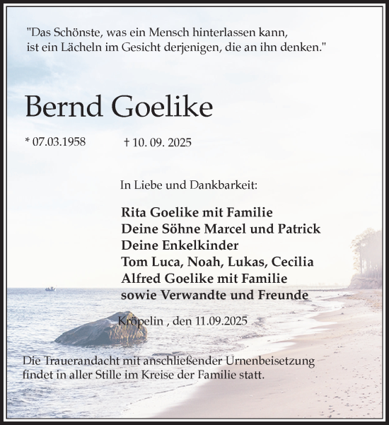 Traueranzeige von Bernd Goelike von Norddeutsche Neueste Nachrichten