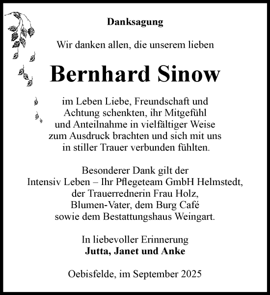 Traueranzeige von Bernhard Sinow von Der Prignitzer