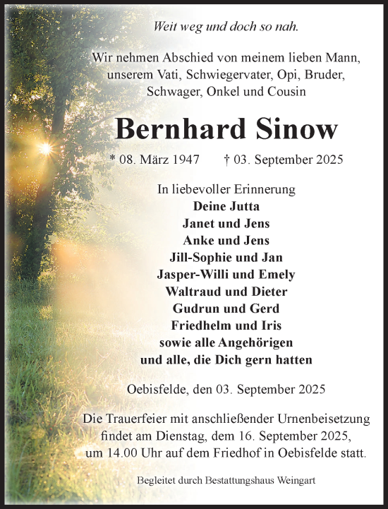 Traueranzeige von Bernhard Sinow von Der Prignitzer