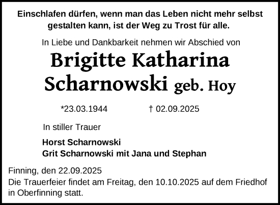 Traueranzeige von Brigitte Katharina Scharnowski von Uckermark Kurier Templiner Zeitung