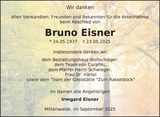 Traueranzeige von Bruno Eisner von Uckermark Kurier Templiner Zeitung