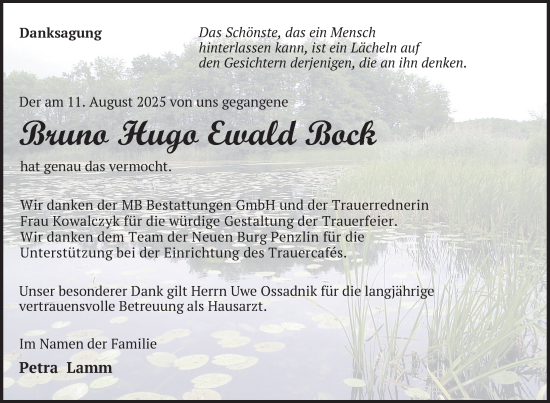 Traueranzeige von Bruno Hugo Ewald Bock von Nordkurier Müritz-Zeitung