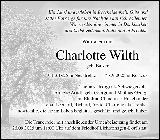 Traueranzeige von Charlotte Wilth von Norddeutsche Neueste Nachrichten