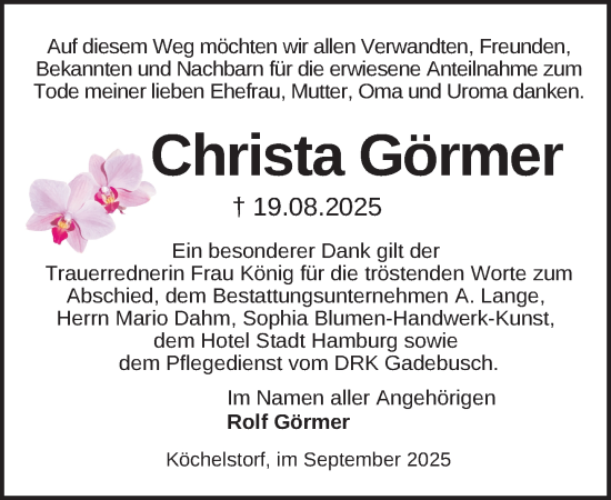 Traueranzeige von Christa Görmer von Gadebusch - Rehnaer Zeitung