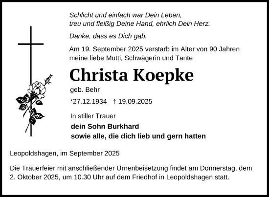 Traueranzeige von Christa Koepke von Nordkurier Haff-Zeitung
