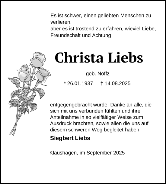 Traueranzeige von Christa Liebs von Uckermark Kurier Templiner Zeitung