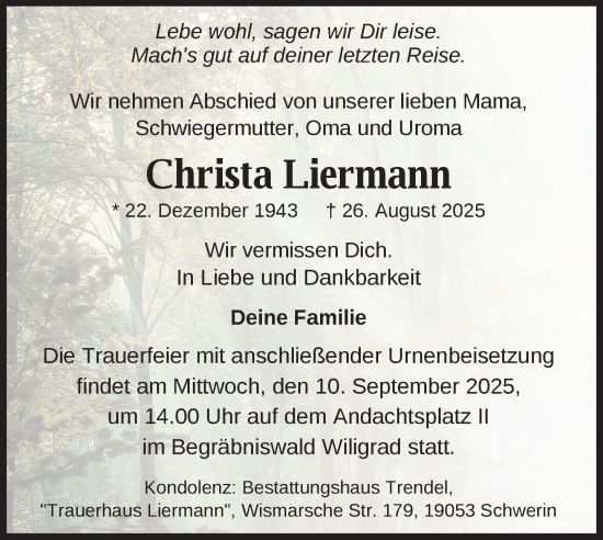 Traueranzeige von Christa Liermann von Zeitung für die Landeshauptstadt