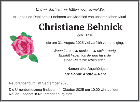 Traueranzeige von Christiane Behnick von Nordkurier Neubrandenburger Zeitung