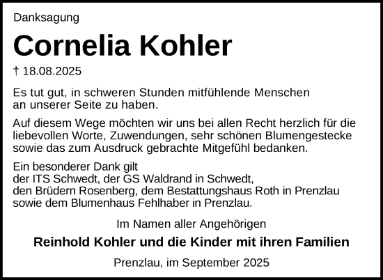 Traueranzeige von Cornelia Kohler von Uckermark Kurier Prenzlauer Zeitung