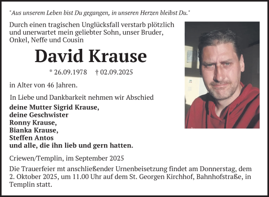 Traueranzeige von David Krause von Uckermark Kurier Templiner Zeitung