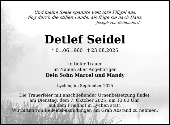 Traueranzeige von Detlef Seidel von Uckermark Kurier Templiner Zeitung