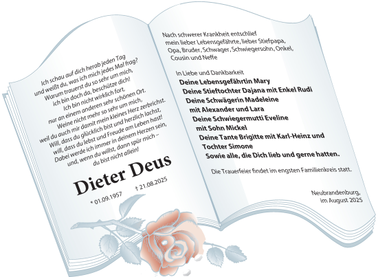 Traueranzeige von Dieter Deus von Nordkurier Neubrandenburger Zeitung