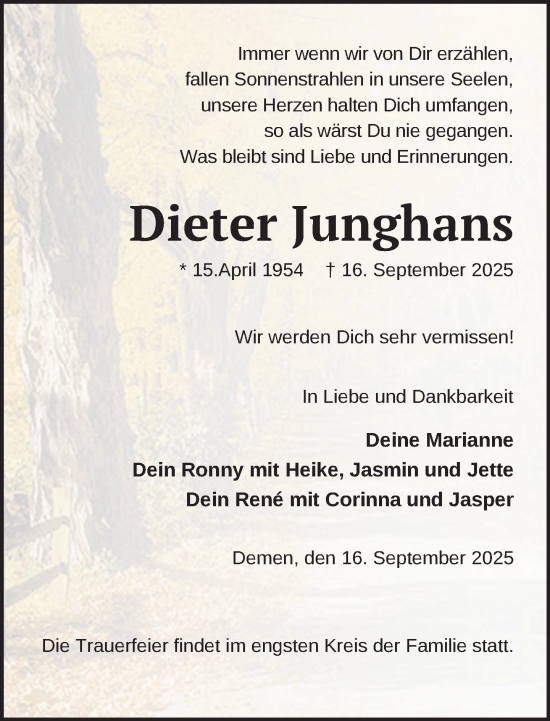 Traueranzeige von Dieter Junghans von Zeitung für die Landeshauptstadt