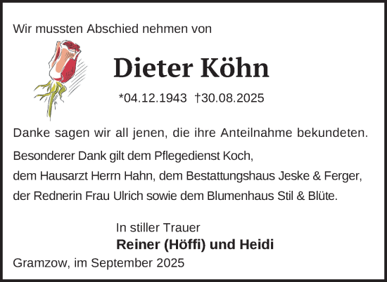 Traueranzeige von Dieter Köhn von Uckermark Kurier Prenzlauer Zeitung