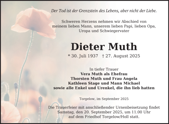Traueranzeige von Dieter Muth von Nordkurier Haff-Zeitung